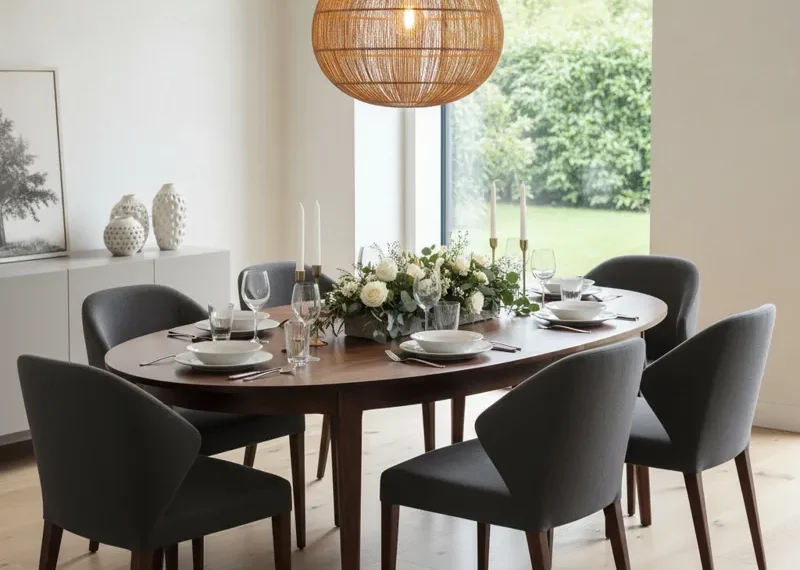 Elegant oval dining table made from light wood, set with four matching chairs in a modern dining room.