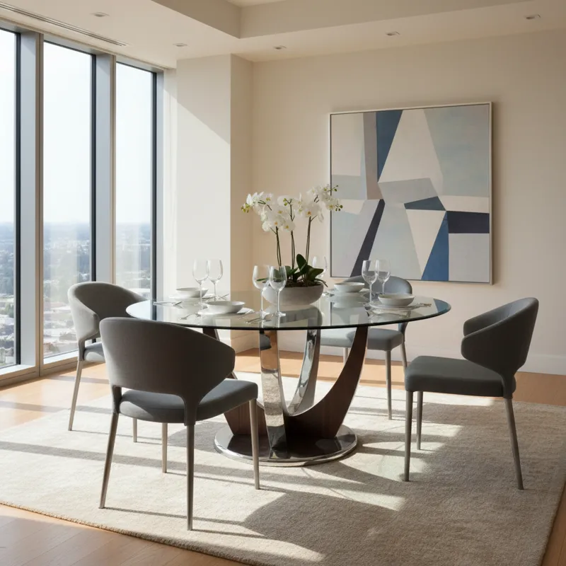 A wide shot of a modern dining room featuring an elegant oval glass dining table, perfectly set for a meal. Sunlight streams through large windows, hi