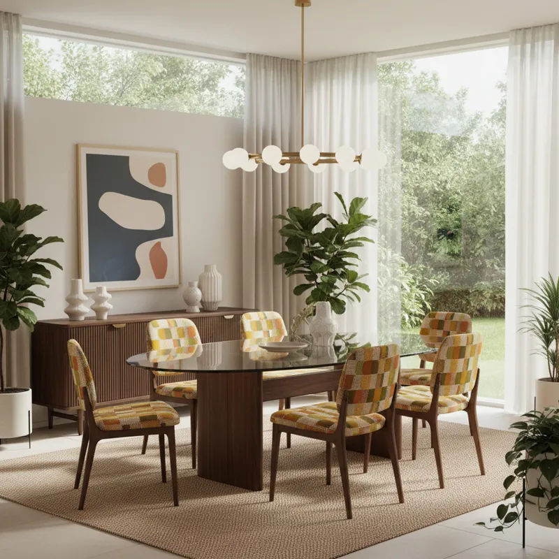 A vibrant, well-lit dining room featuring a Mid-Century Modern oval glass dining table with a dark wood base. The chairs are upholstered in a retro-in