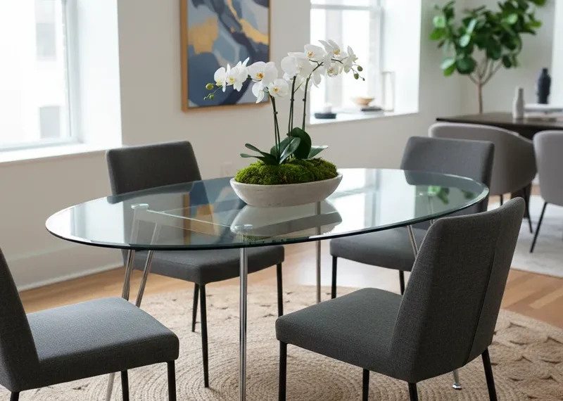 Modern oval glass dining table with a sleek chrome pedestal base in a contemporary dining room