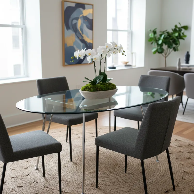 Modern oval glass dining table with a sleek chrome pedestal base in a contemporary dining room
