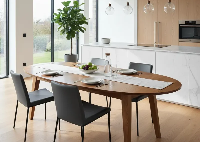 Elegant oval kitchen dining table made of light wood with modern chairs in a bright, contemporary kitchen setting, highlighting its smooth edges and inviting design.