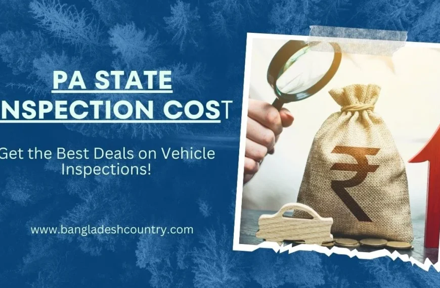 PA State Inspection Cost graphic featuring a magnifying glass, money bag with a currency symbol, and a wooden car icon. Text on a blue background reads 'PA STATE INSPECTION COST' and 'Get the Best Deals on Vehicle Inspections!' along with 'www.bangladeshcountry.com'.