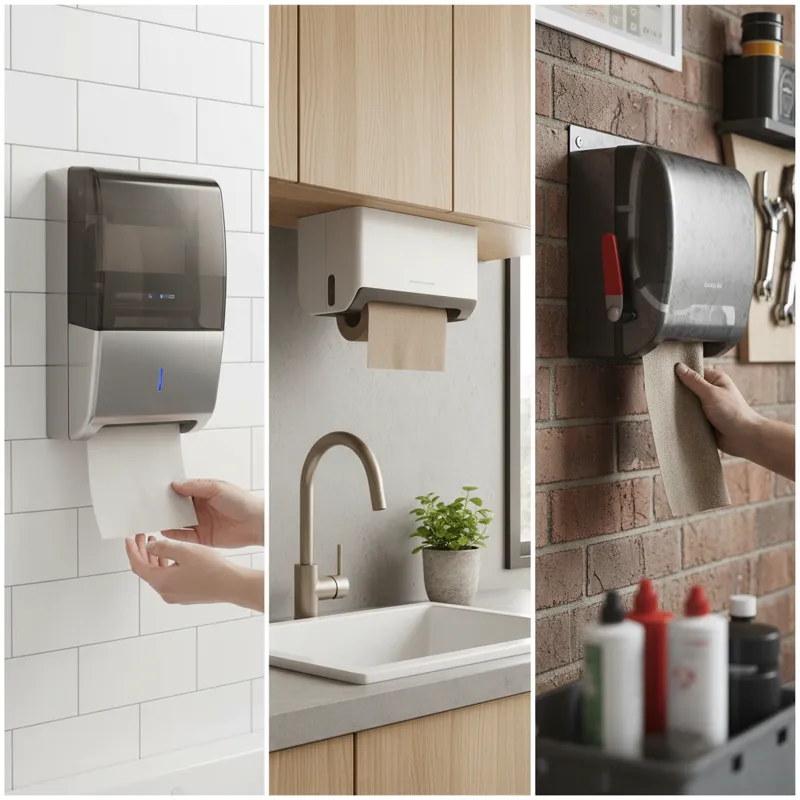 A diverse collage showing various modern paper towel dispensers: a sleek automatic touchless dispenser in a commercial restroom, a minimalist under-ca