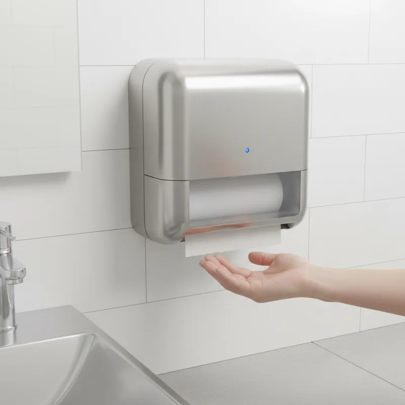 A sleek, modern stainless steel automatic paper towel dispenser mounted on a white wall in a clean, upscale commercial restroom, with a hand hovering