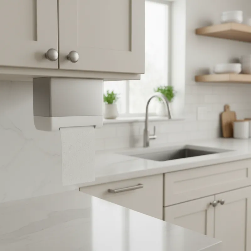 A compact, minimalist automatic paper towel dispenser discreetly mounted under a light-colored kitchen cabinet, with a paper towel portion ready to be