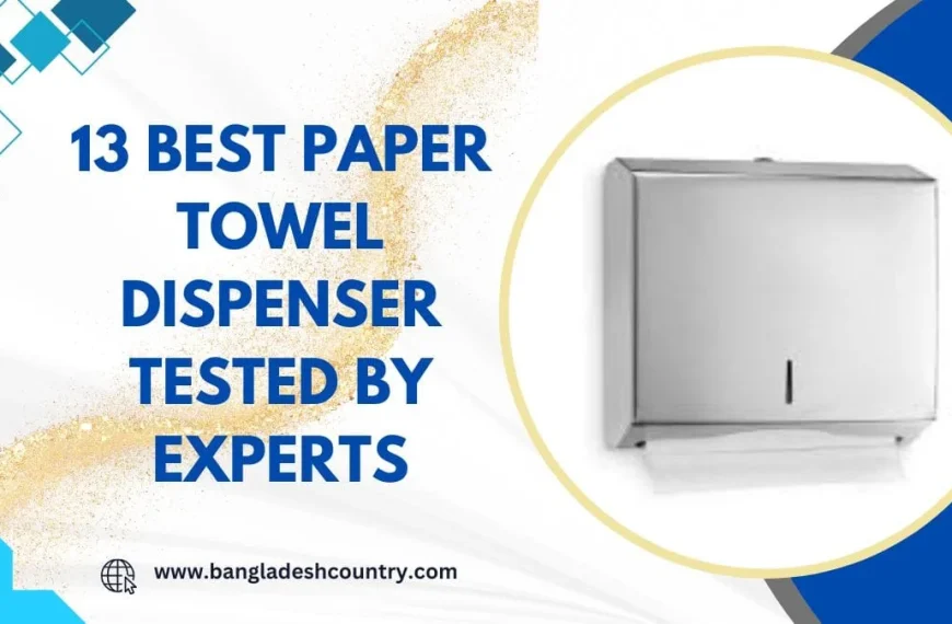 Promotional image for '13 Best Paper Towel Dispenser Tested by Experts', featuring a sleek silver stainless steel paper towel dispenser on a white background with blue geometric patterns and a golden textured swirl.