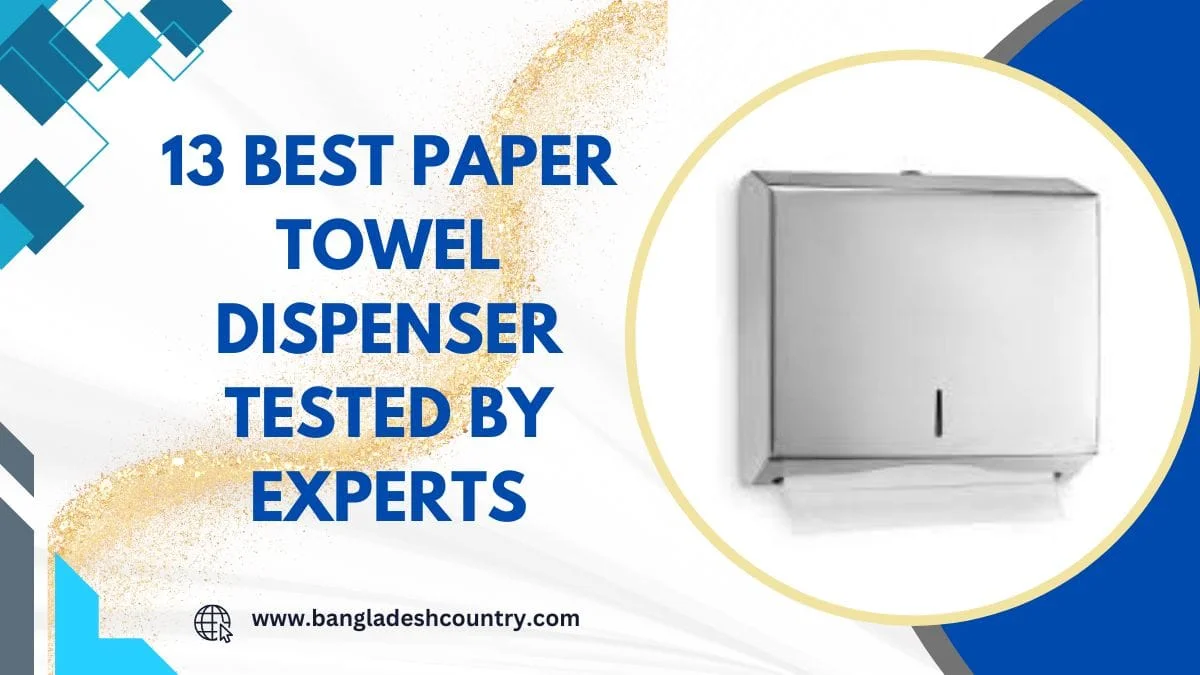 Promotional image for '13 Best Paper Towel Dispenser Tested by Experts', featuring a sleek silver stainless steel paper towel dispenser on a white background with blue geometric patterns and a golden textured swirl.