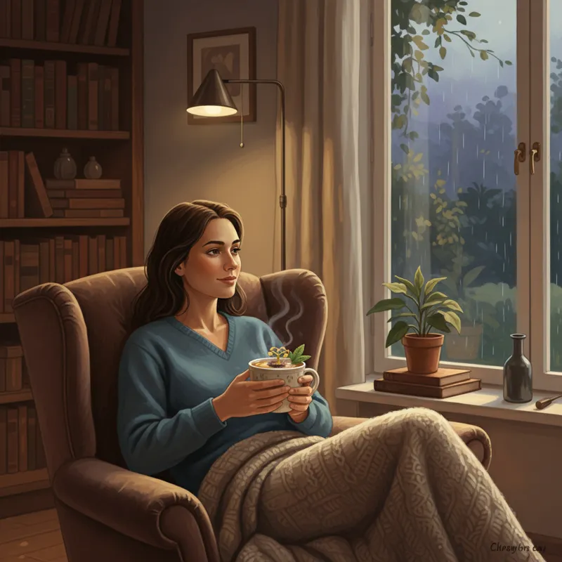 A serene lifestyle image of a person sitting in a comfortable armchair by a window at dusk, holding a warm mug of passionflower tea with both hands.