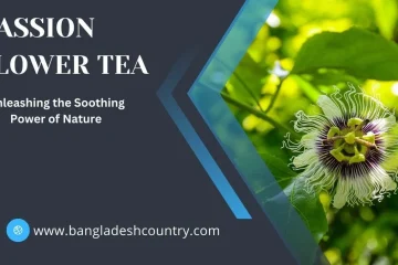 A promotional graphic for Passion Flower Tea, featuring a close-up photo of a white and purple passion flower against a leafy green background. The text reads, 'Unleashing the Soothing Power of Nature'.