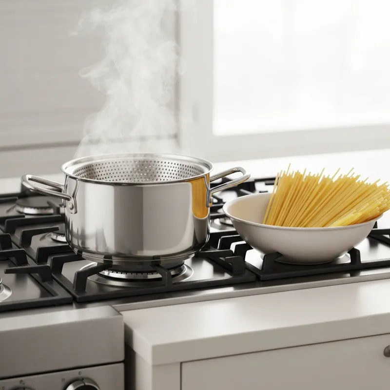 A clean and modern kitchen stovetop with a sleek stainless steel pasta pot with a strainer insert, steam gently rising, next to a bowl of fresh uncook