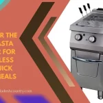 A commercial stainless steel pasta cooker with multiple baskets, featured in a promotional graphic with the text 'Discover the best pasta cooker for effortless and quick pasta meals.'