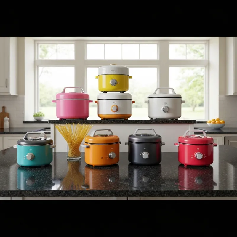 A vibrant, dynamic shot of seven different types of pasta cookers arranged artfully on a large kitchen island, ready for review.