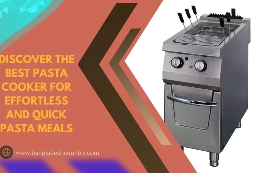 A promotional image featuring a stainless steel commercial pasta cooker with multiple baskets. On the left, a colorful graphic reads 'Discover the best pasta cooker for effortless and quick pasta meals.'