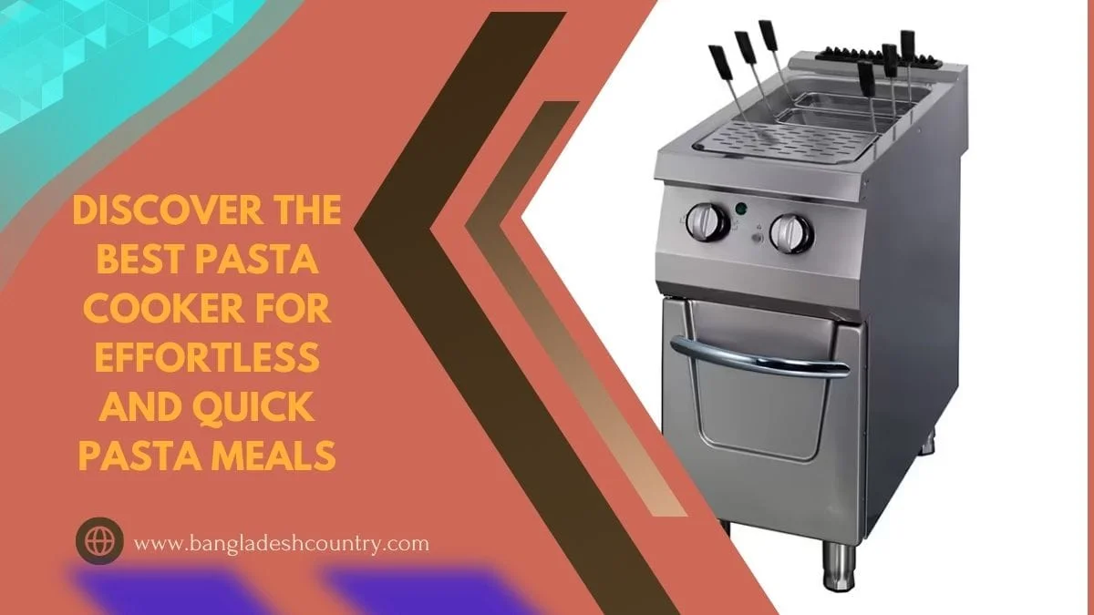 A commercial stainless steel pasta cooker with multiple baskets, featured in a promotional graphic with the text 'Discover the best pasta cooker for effortless and quick pasta meals.'