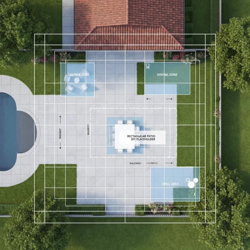 An aerial view of a meticulously measured backyard patio with a rectangular grid overlay, showing clear zones for furniture placement and traffic flow