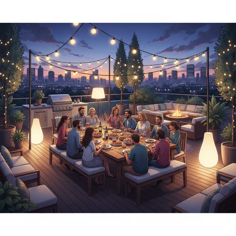 A vibrant, well-lit rectangular patio set on a modern deck at dusk, with friends and family enjoying a meal, showcasing ample seating and a convivial