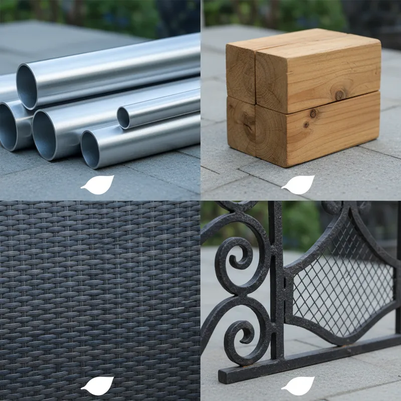 A comparative montage of four distinct material samples for patio sets: sleek aluminum, rustic teak wood, durable synthetic wicker, and robust wrought