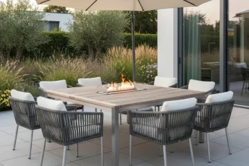 A modern rectangular patio dining set featuring a spacious table and six comfortable chairs, perfect for outdoor entertaining and family meals on a stylish patio or deck.