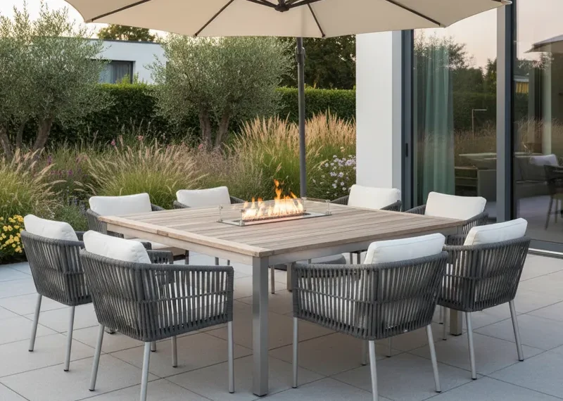 A modern rectangular patio dining set featuring a spacious table and six comfortable chairs, perfect for outdoor entertaining and family meals on a stylish patio or deck.