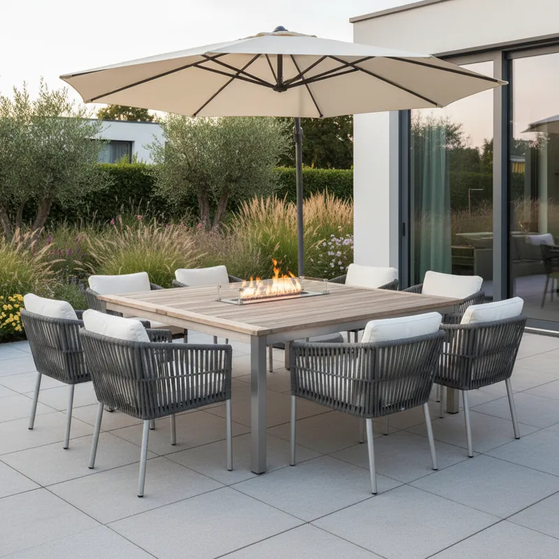 A modern rectangular patio dining set featuring a spacious table and six comfortable chairs, perfect for outdoor entertaining and family meals on a stylish patio or deck.