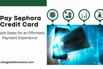 A graphic featuring text 'Pay Sephora Credit Card: Simple Steps for an Effortless Payment Experience', alongside an image of a hand holding a smartphone, with a credit card digitally interacting with it, emitting a bright blue glow. Four icons above represent efficiency, simplicity, financial tracking, and user benefits.