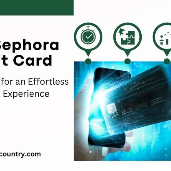 A graphic featuring text 'Pay Sephora Credit Card: Simple Steps for an Effortless Payment Experience', alongside an image of a hand holding a smartphone, with a credit card digitally interacting with it, emitting a bright blue glow. Four icons above represent efficiency, simplicity, financial tracking, and user benefits.