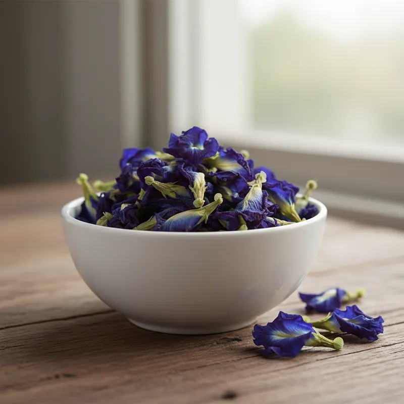 A close-up shot of vibrant, dried, deep-blue butterfly pea flowers in a simple white ceramic bowl, with a few loose petals scattered on a wooden surfa