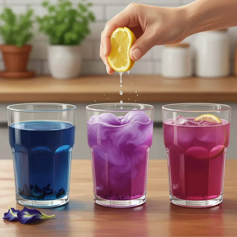 A series of three clear glass tumblers side-by-side. The first contains deep blue pea flower tea. The second shows a lemon wedge being squeezed into i