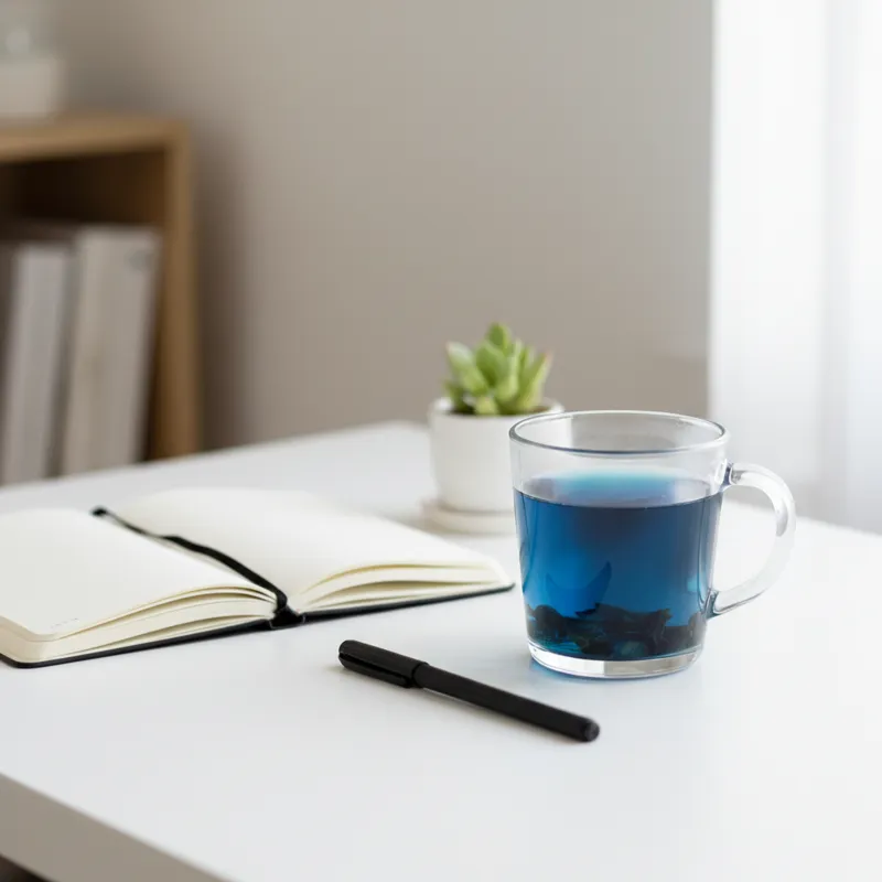 A serene, well-lit photo of a clear glass mug of blue pea flower tea on a minimalist desk next to a journal and a small potted plant, suggesting focus