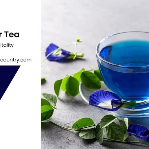 A promotional image for Pea Flower Tea, showing a clear glass teacup filled with vibrant blue tea, surrounded by fresh blue butterfly pea flowers and green leaves on a grey surface. Text on the left reads 'Pea Flower Tea, Healthy Elixir for Vitality'.