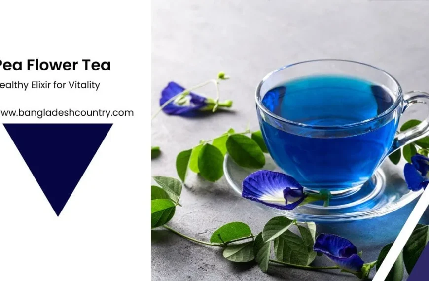 A promotional image for Pea Flower Tea, showing a clear glass teacup filled with vibrant blue tea, surrounded by fresh blue butterfly pea flowers and green leaves on a grey surface. Text on the left reads 'Pea Flower Tea, Healthy Elixir for Vitality'.