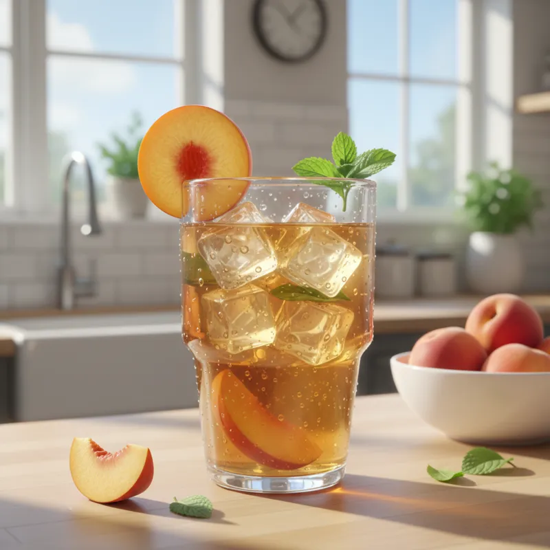 A beautiful glass of iced peach green tea, glistening with condensation, garnished with a fresh peach slice and a sprig of mint. The background is a b