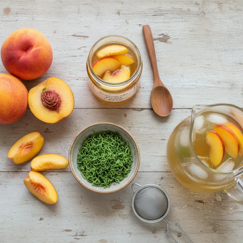 A flat lay of ingredients for making peach green tea: loose-leaf sencha in a small bowl, a few ripe peaches, a jar of homemade peach simple syrup, and