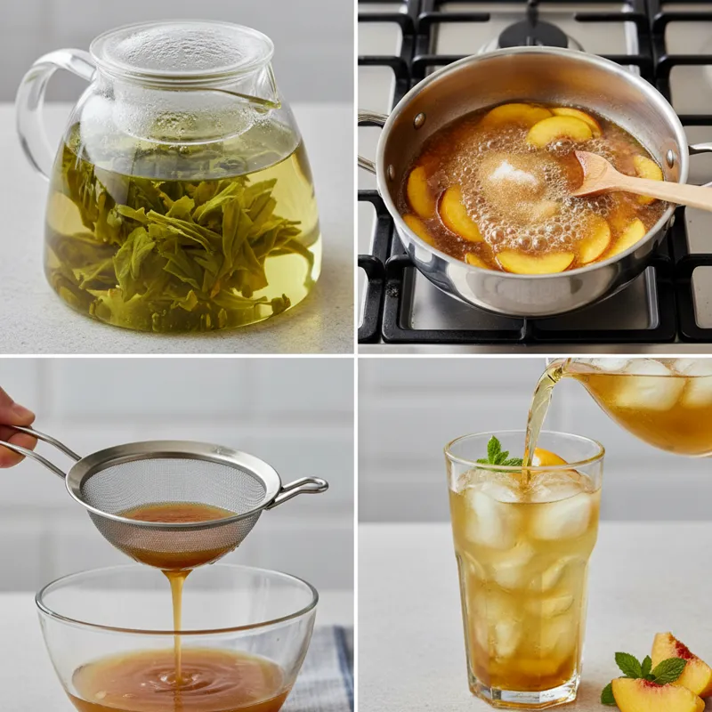 A step-by-step photo collage showing the process: 1. Steeping green tea leaves in a glass teapot. 2. Simmering peaches and sugar in a saucepan. 3. Str