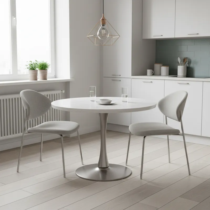 A stylish, modern pedestal dinette set in a small, well-lit kitchen, showcasing its space efficiency and clean lines. The table is round or oval with