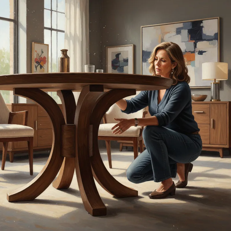 A homeowner carefully inspecting the construction and finish of a wooden pedestal dining table base in a furniture showroom, focusing on quality and s