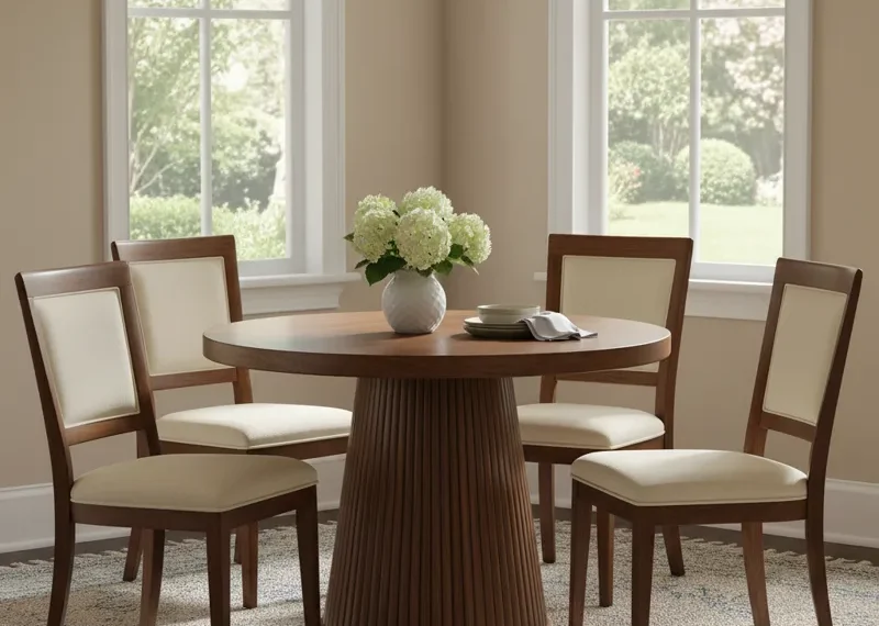 A modern white pedestal dinette set with a round table and four comfortable chairs, ideal for a kitchen or small dining room.