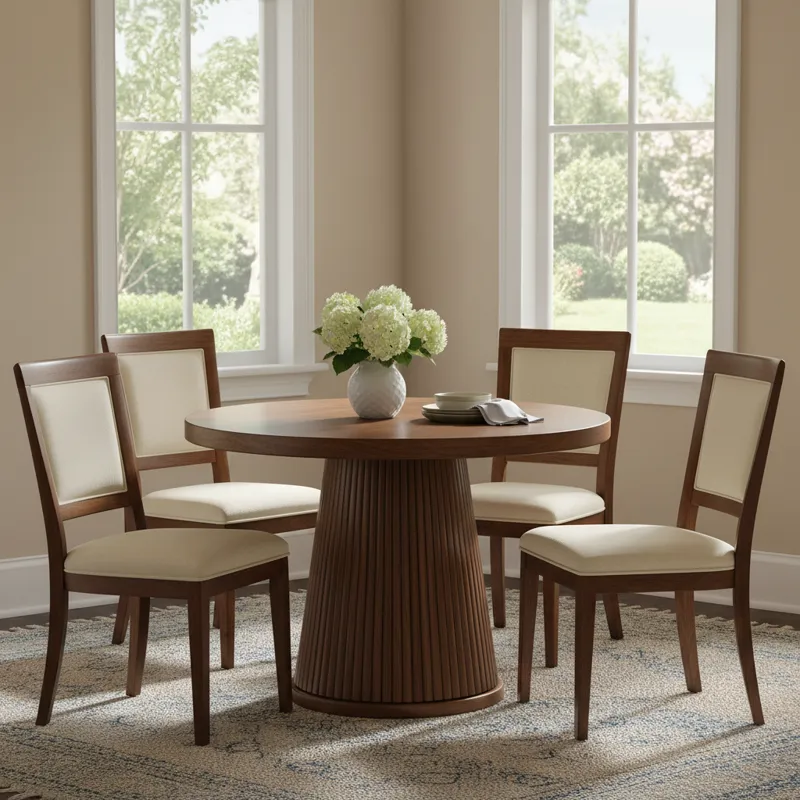 A modern white pedestal dinette set with a round table and four comfortable chairs, ideal for a kitchen or small dining room.