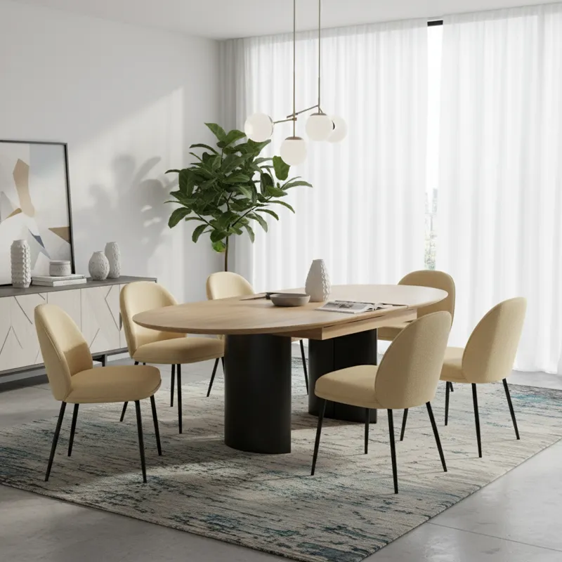 A stylish, modern pedestal dining set with a self-storing leaf extended, showcasing comfortable chairs around it, in a bright, contemporary dining roo