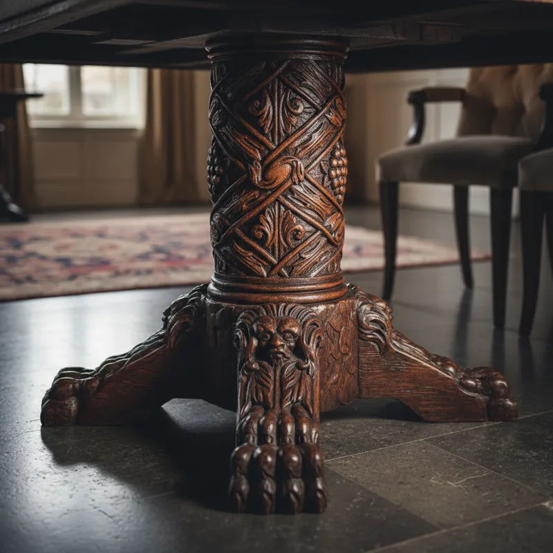 A detailed close-up shot of a sturdy, ornate single pedestal base of a dining table made of dark solid wood, showing intricate carvings and a wide, st