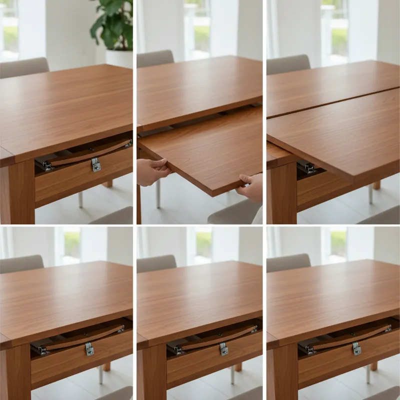 A series of three close-up photos demonstrating the process of adding a butterfly leaf to a dining table: 1. Table with leaves folded and stored under