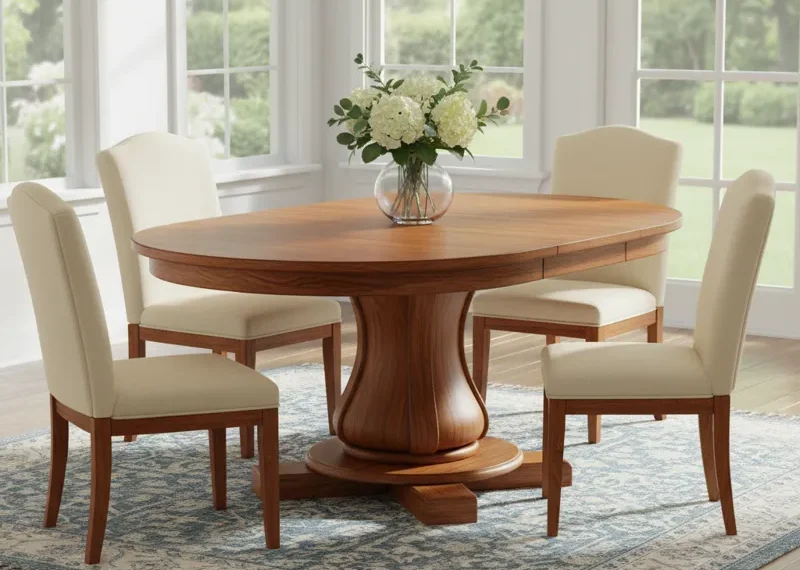 Elegant wood pedestal dining set with a removable leaf, shown extended to an oval shape, offering flexible seating for small or large gatherings.