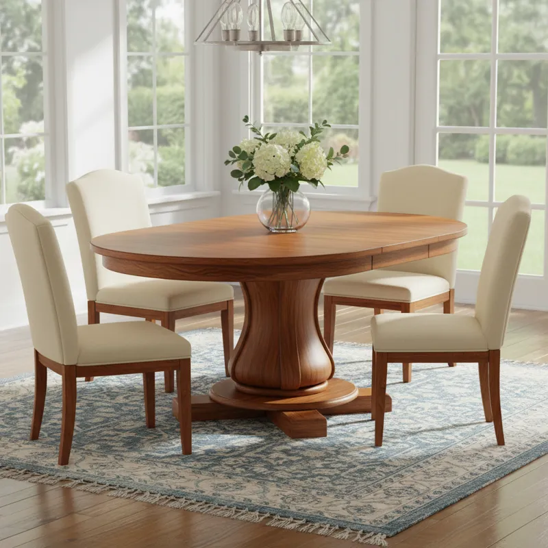 Elegant wood pedestal dining set with a removable leaf, shown extended to an oval shape, offering flexible seating for small or large gatherings.