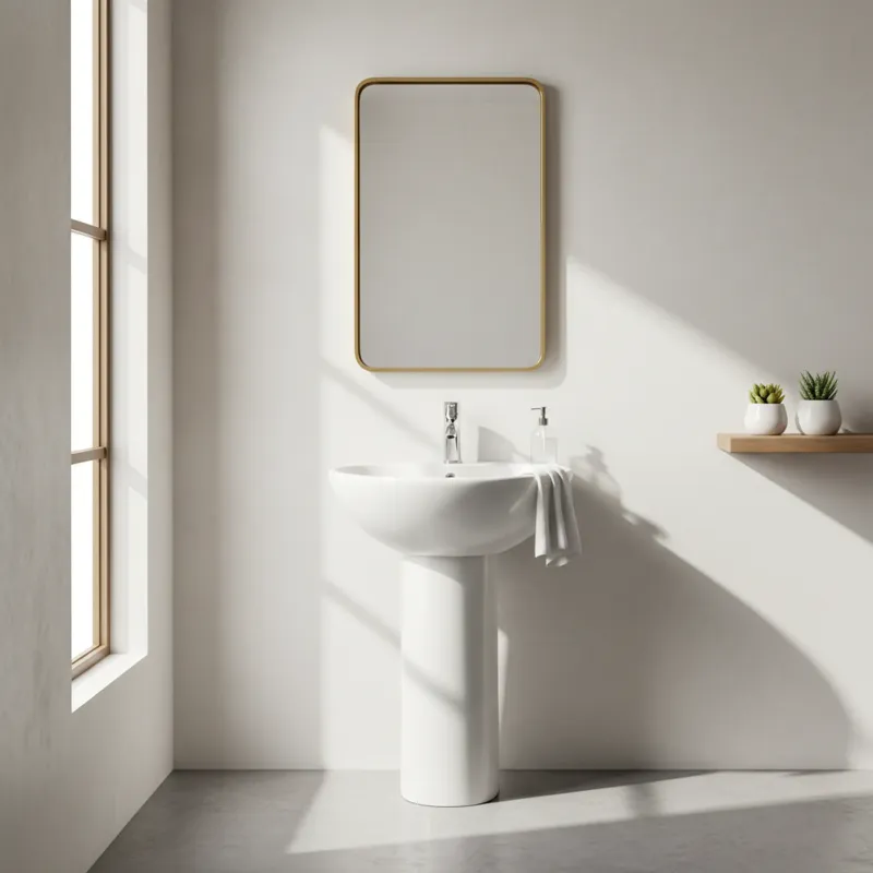 A sleek, modern white porcelain pedestal sink in a minimalist, light-filled powder room with a framed mirror above it.