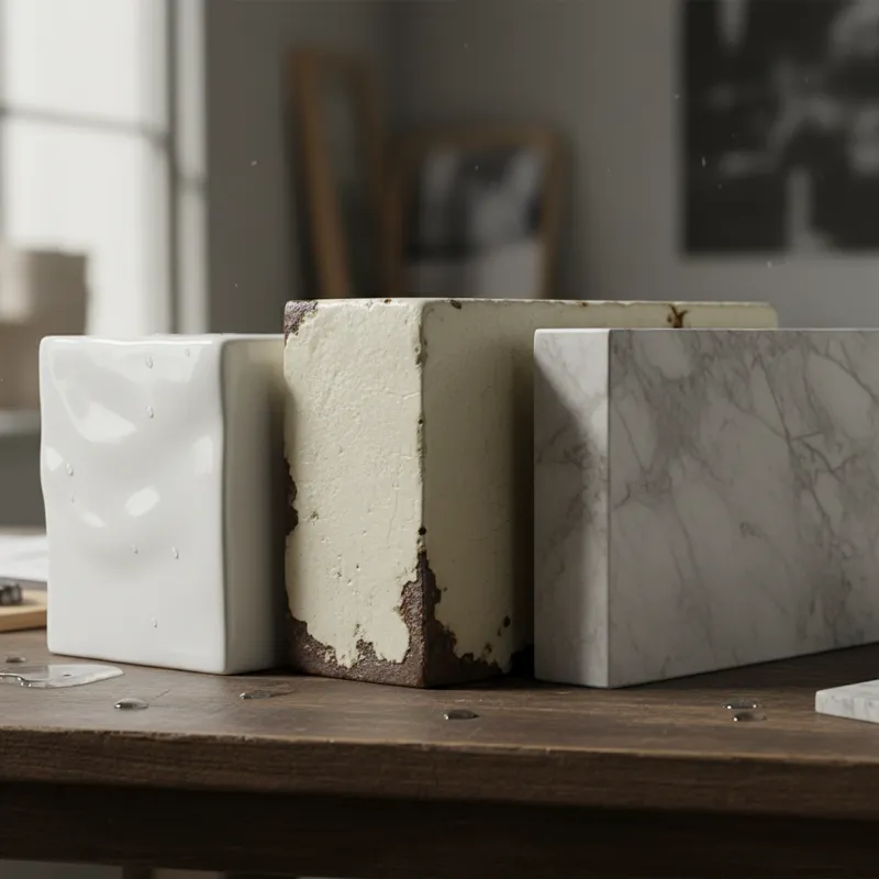 A close-up of different pedestal sink material samples laid out, showing ceramic, cast iron with enamel, and natural stone textures.