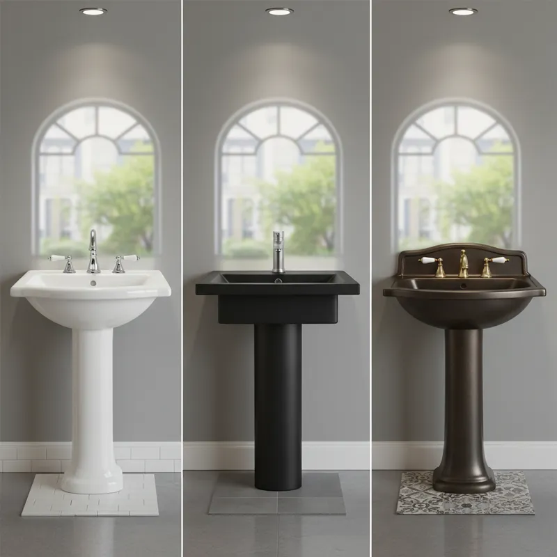Three distinct pedestal sinks side-by-side in a showroom setting: one classic white porcelain, one modern rectangular ceramic, and one vintage-inspire