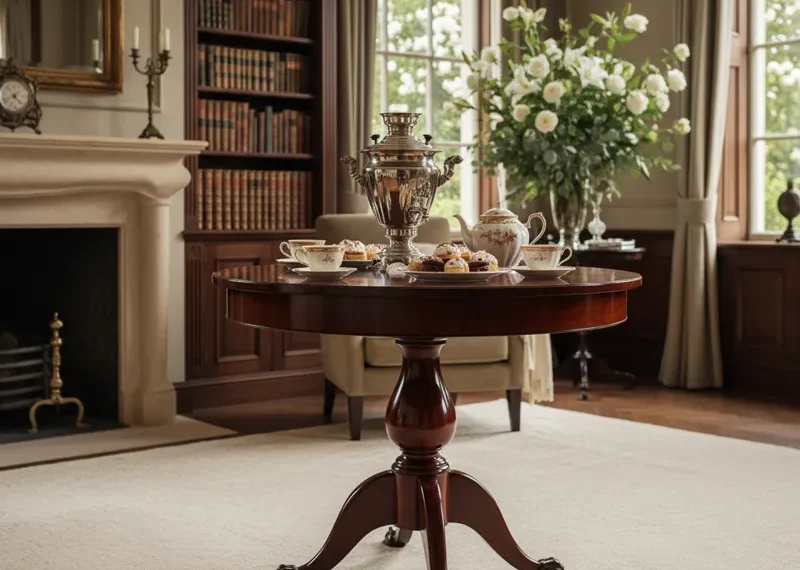 Elegant round wooden pedestal table with a smooth finish, set in a modern dining room.