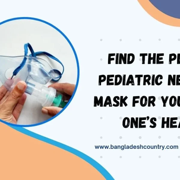 A hand holds a clear pediatric nebulizer mask with a blue strap, connected to a medication cup. The image, set against an abstract orange and blue background, advertises 'Find the perfect pediatric nebulizer mask for your little one's health' with the website 'www.bangladeshcountry.com'.