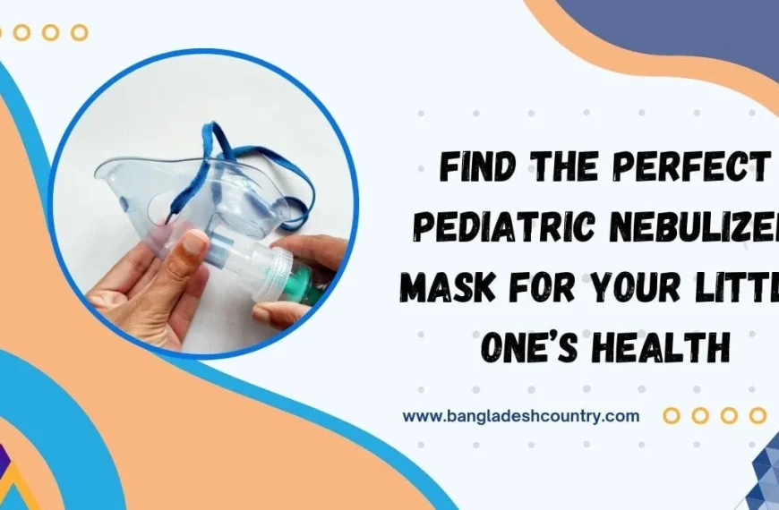 A hand holds a clear pediatric nebulizer mask with a blue strap, connected to a medication cup. The image, set against an abstract orange and blue background, advertises 'Find the perfect pediatric nebulizer mask for your little one's health' with the website 'www.bangladeshcountry.com'.